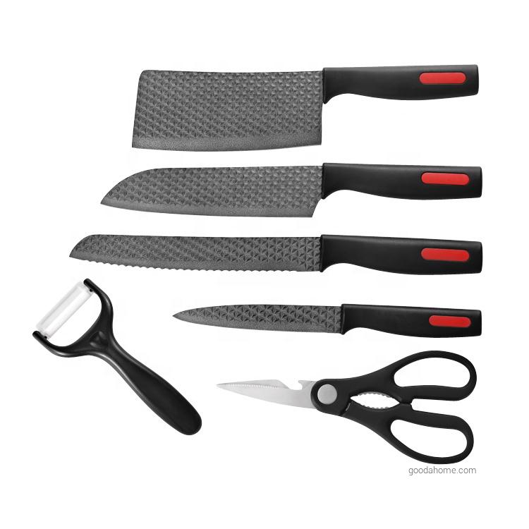 6-teiliges schwarzes beschichtetes Kunststoffgriff-Küchenmesser-Set
